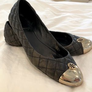 Tory Burch Black Quilted Flats with Gold Accents